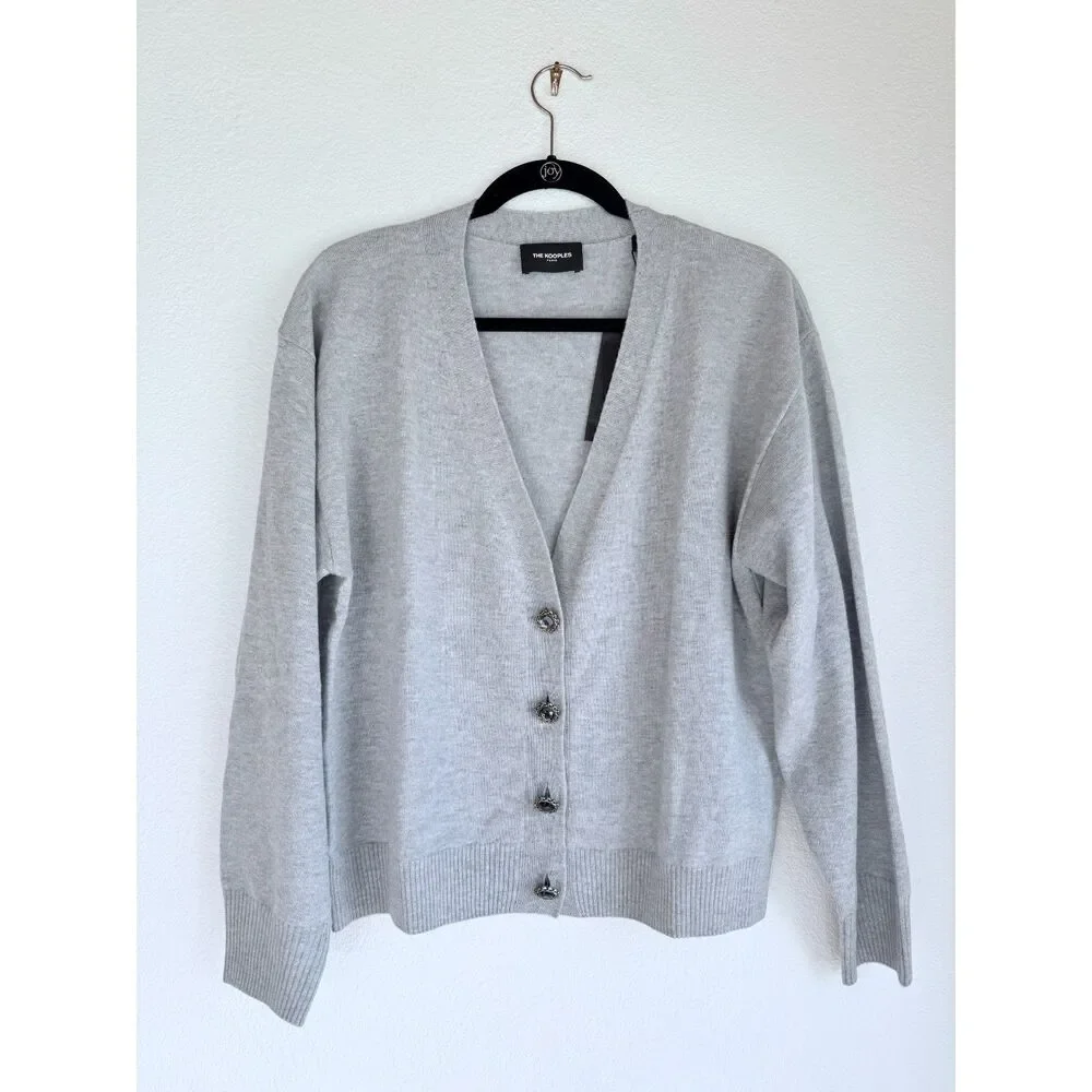 NEW The Kooples V-Neck 100% Wool Cardigan With Jewel Buttons in Gray Sz 2 US 6 - Picture 8 of 15